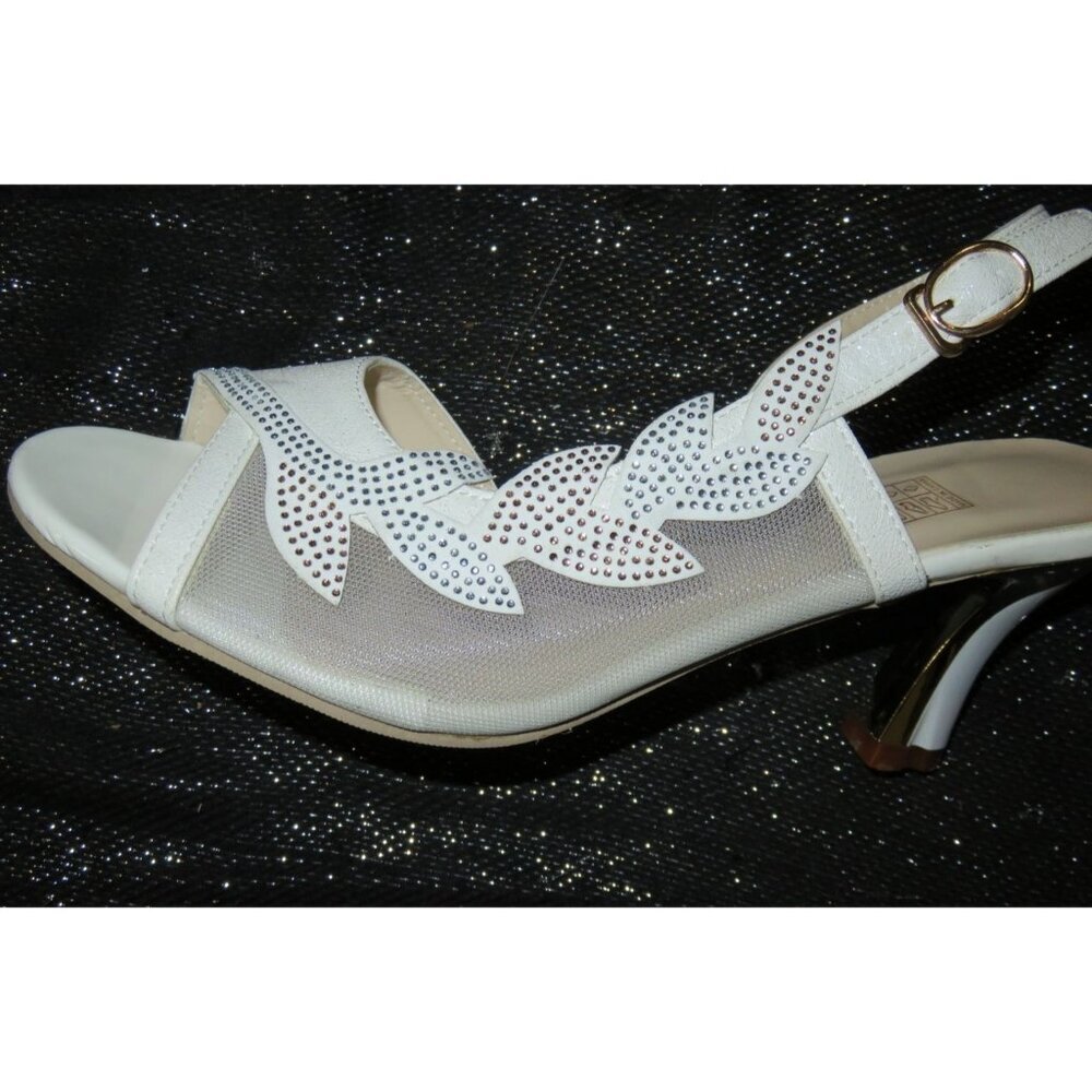 Sniler White Mesh Vegan Leather Slingback Floral Rhinestones Heels size 41 10.5 - Picture 9 of 10